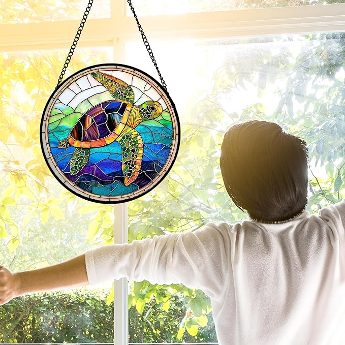 Stained Glass Window Hanging, Colored Turtle Ocean Suncatcher Diamond Glass - Image 2