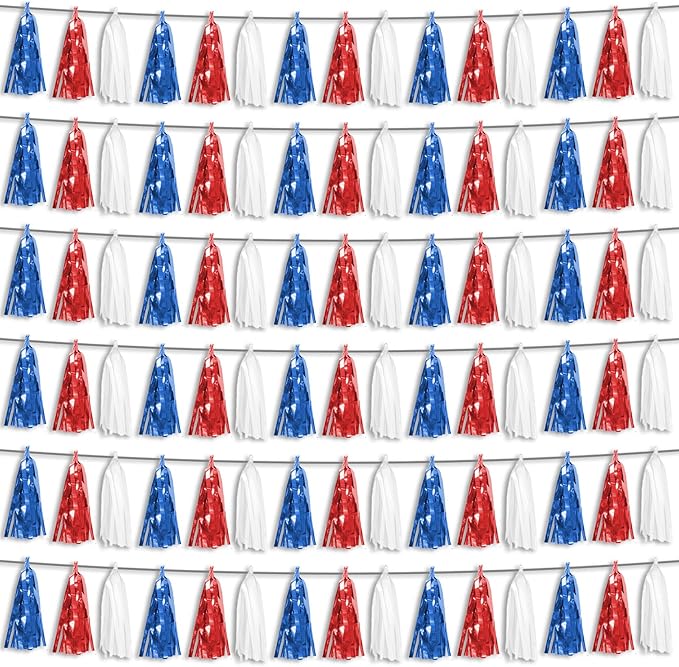 6P Red Blue White Foil Fringe Metallic Tassel Streamers Banner Tassel Garland by HYSILLA