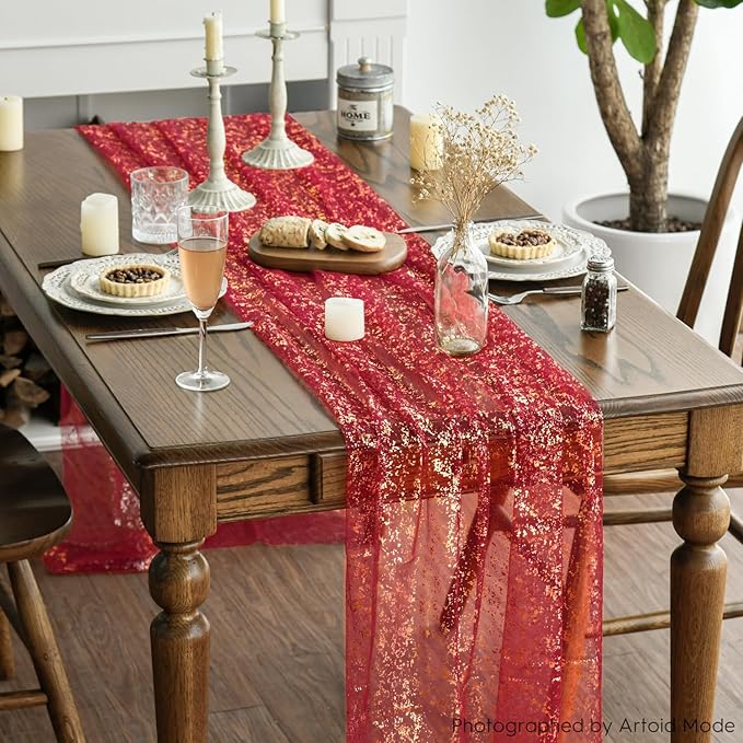 Artoid Mode 3PCS Red Gold Gauze Table Runner 120 Inch 10FT, Glitter Metallic - Image 3