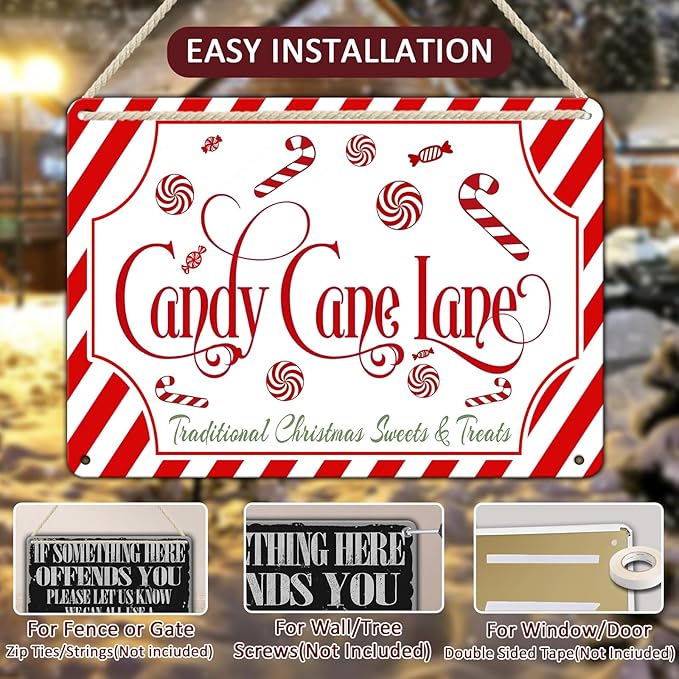 Christmas Candy Cane Lane Metal Tin Sign Traditional Christmas Sweets and - Image 3