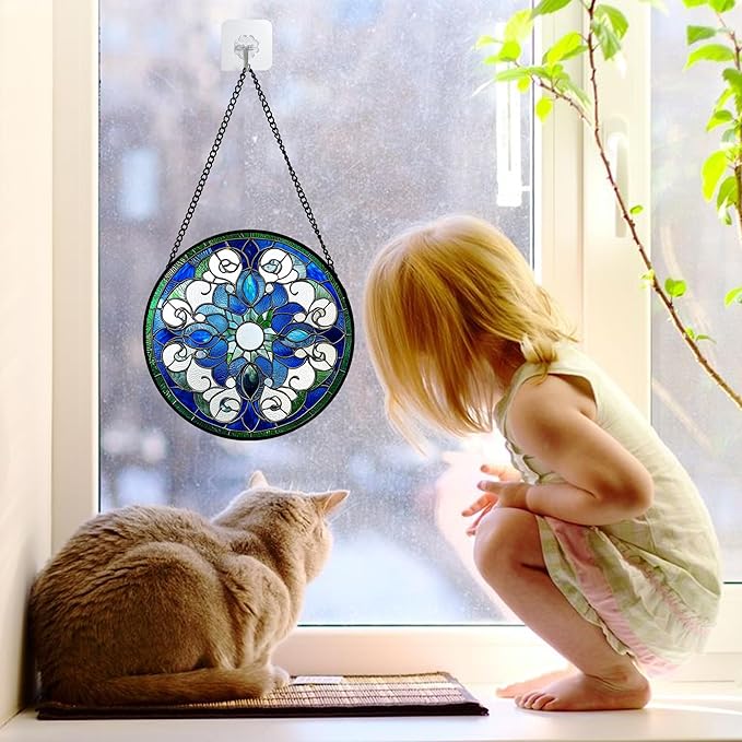 Stained Glass Window Hanging, Boho Style Sun Catchers Diamond Glass Panel - Image 2