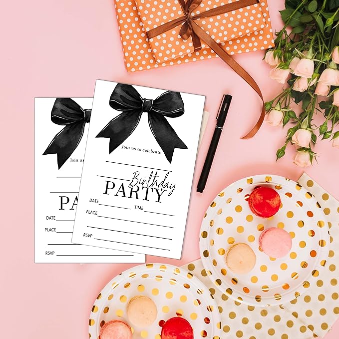 SIXEIGHT Black Bow Birthday Invitations, 20 Party Invitations - Image 4