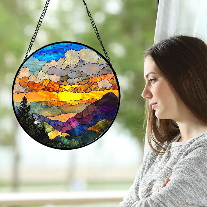 Stained Glass Window Hanging, Abstract Clouds Mountains Landscape Suncatcher - Image 2