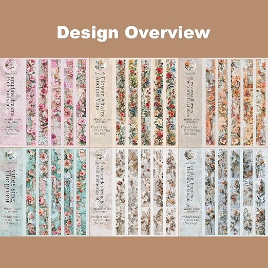 Vintage Floral Washi Tape Set – 6 Rolls, 2M Non-Repeating Flower Collage Designs - Image 5