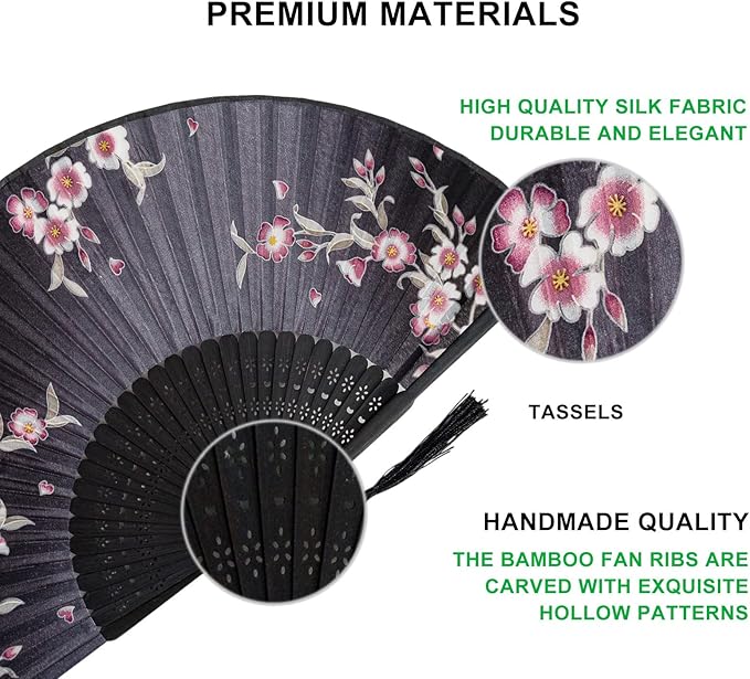 Amajiji 8.27" Hand Held Bamboo Silk Folding Fan Hand Fan, Chinese/Japanese - Image 4
