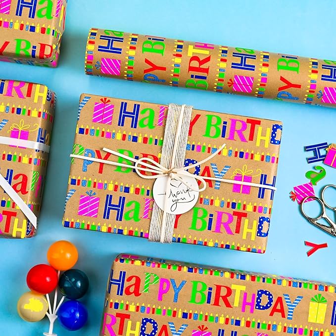 Yarcony Kraft Birthday Wrapping Paper Mini Roll, Gift Wrapping Paper, - Image 2