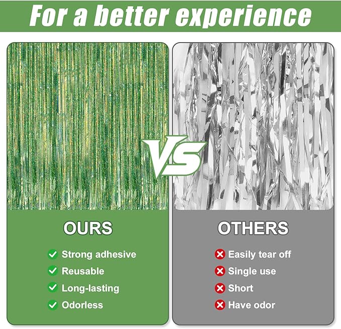 Crosize 2 Pack 3.3 x 9.9 ft Laser Green Foil Fringe Curtains Party Decorations - Image 3
