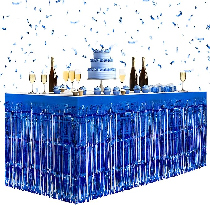 2 Pack Dark Blue Table Skirts, 29x108" Metallic Foil Tinsel Fringe Table Skirts by Unknown