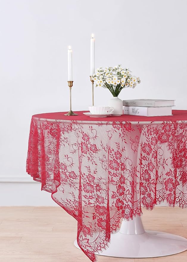 LuoluoHouse Red Tablecloth Christmas Lace Table Fabric 2pcs 60x120 Inch - Image 5