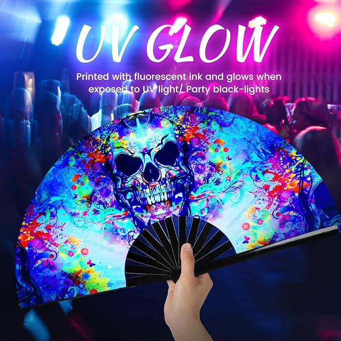 SYNTECSO Folding Hand Fan for Rave, UV Glow Fan, Large Bamboo Fan for Drag Queen - Image 7