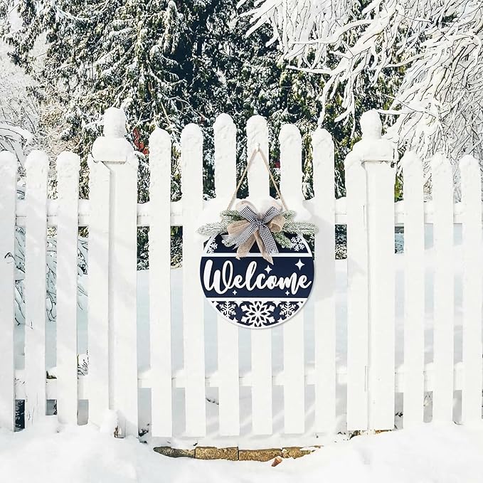 CHDITB Blue Welcome Winter Front Door Sign Wreath, Wooden 3D Welcome Home - Image 3