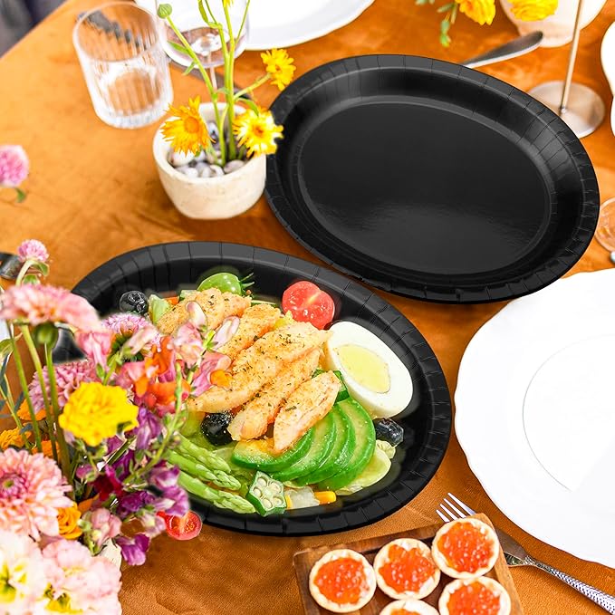 QZYL 50 Count Black Large Paper Plates, 12.2'' X 10.2'' Oval Disposable Plates - Image 5