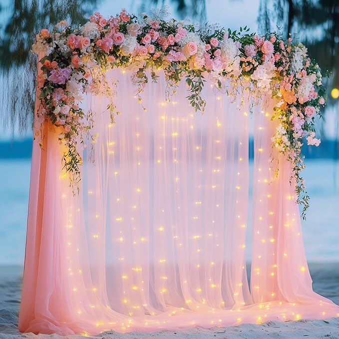 Tulle Backdrop Curtain with Lights String 10FT X 10FT Peach Sheer Tulle - Image 7
