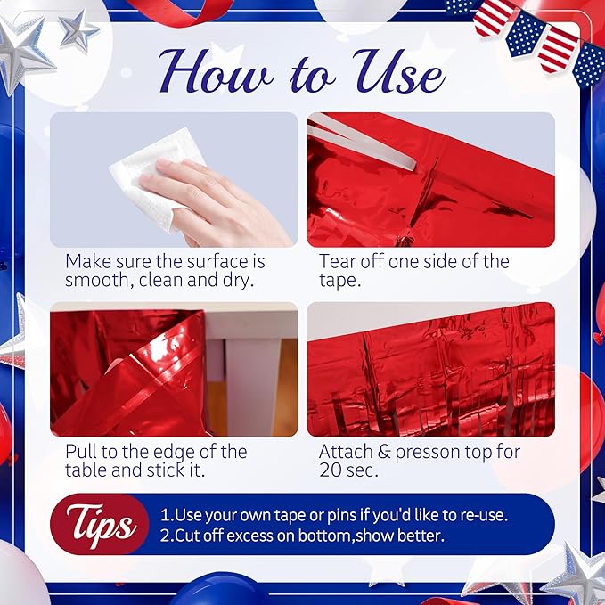 2 Pack Red&White&Blue Table Skirts, 29x108" Metallic Foil Tinsel Fringe Table - Image 8