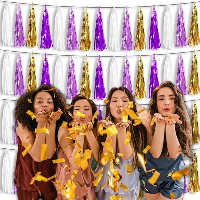 4P Purple-Gold Foil Fringe Tassel Banner Garland Metallic Tinsel Streamers Wall - Image 6