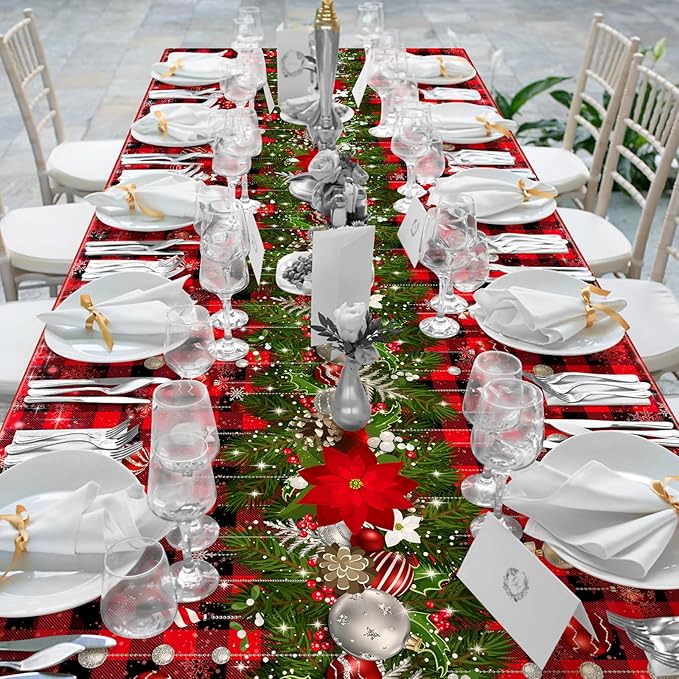 12Pcs Christmas Buffalo Plaid Snowflake Tablecloths, Plastic Red and Black - Image 5