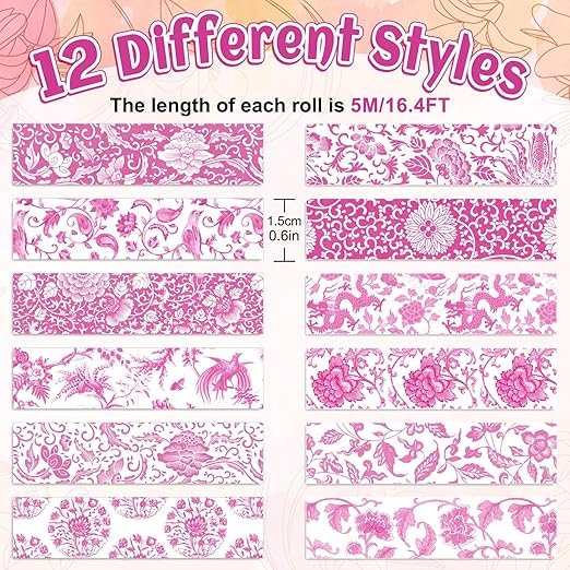 Whaline 12 Rolls Pink Floral Washi Tape Chinoiserie Flower Decorative Masking - Image 2