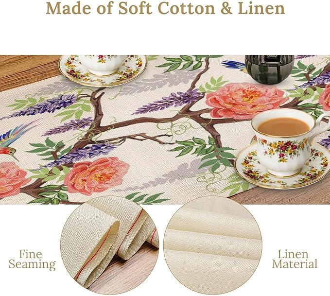 Vintage Bird Flower Table Runner Seasonal Spring Purple Wisteria Garden Plants - Image 5