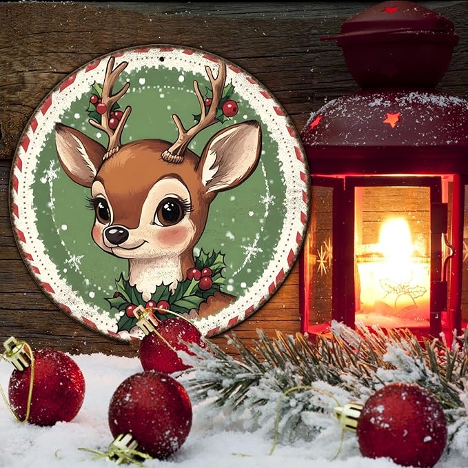 Round Retro Reindeer Metal Tin Sign - Image 5