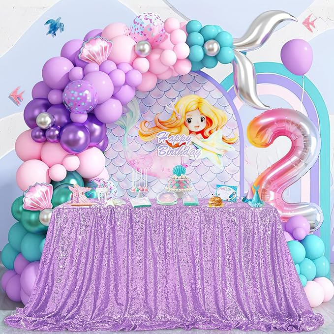 QueenDream Lilac Sequin Tablecloth 60"x102" Mermaid Tablecloth Lavender Glitter by QueenDream