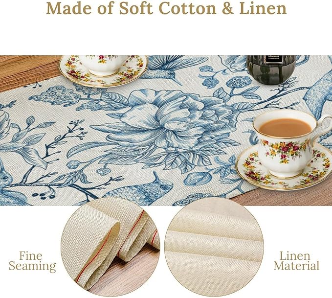 Blue White Table Runner Retro Monochrome Sketch Birds Flower Vintage Floral - Image 5