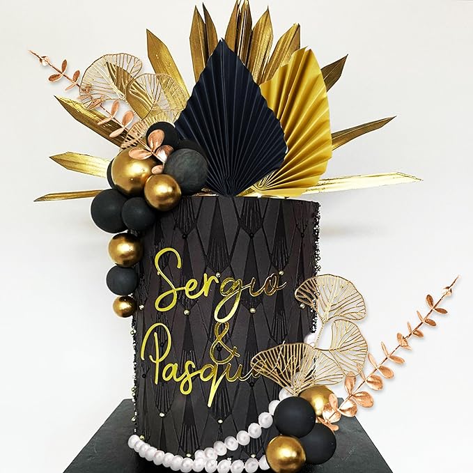 Boho Cake Topper Black Gold Balls Cake Topper Gold Leaves Cake Decoration Prom - Image 6
