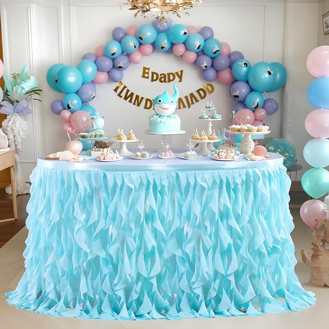 Partisky Aqua Blue Tulle Curly Willow Table Skirt - Image 9