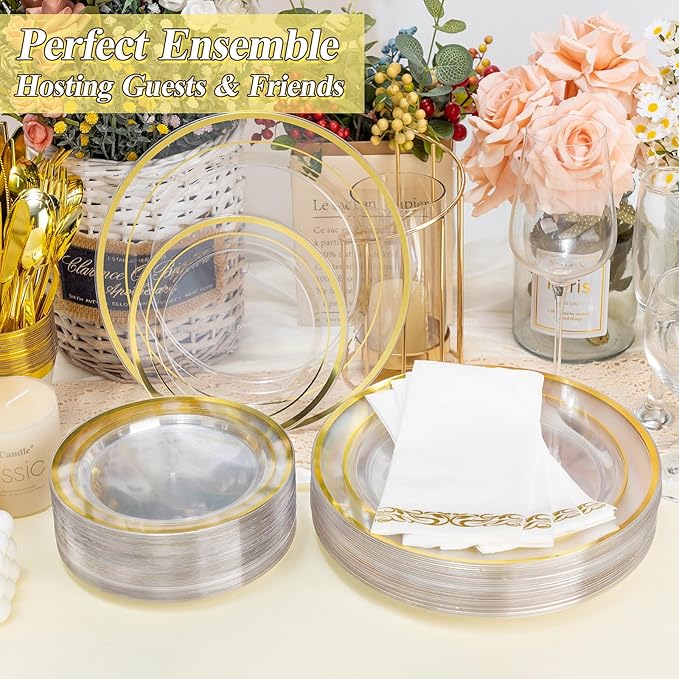 200PCS Clear Gold Plastic Plates Set, 100 10.25 inch Dinner Plates and 100 7.5 - Image 3