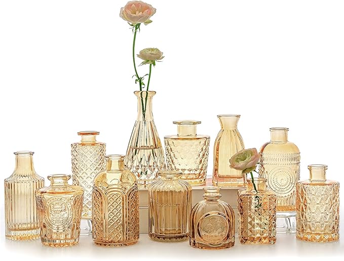 12pcs Glass Bud Vase Set, Small Gold Amber Flower Vases by SUPMIND