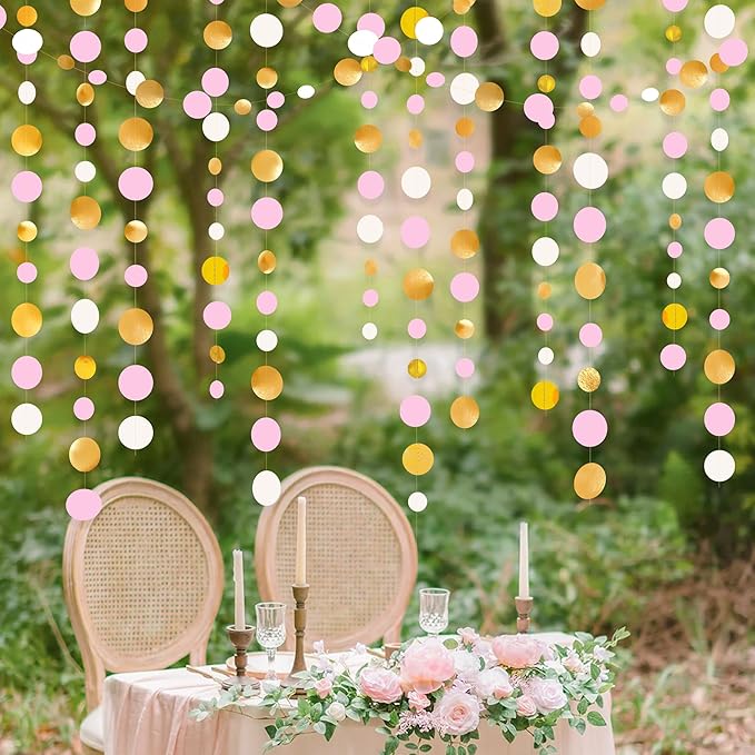 Gold and Pink Party Decorations Circle Dots Garland Metallic Gold Light Pink - Image 7
