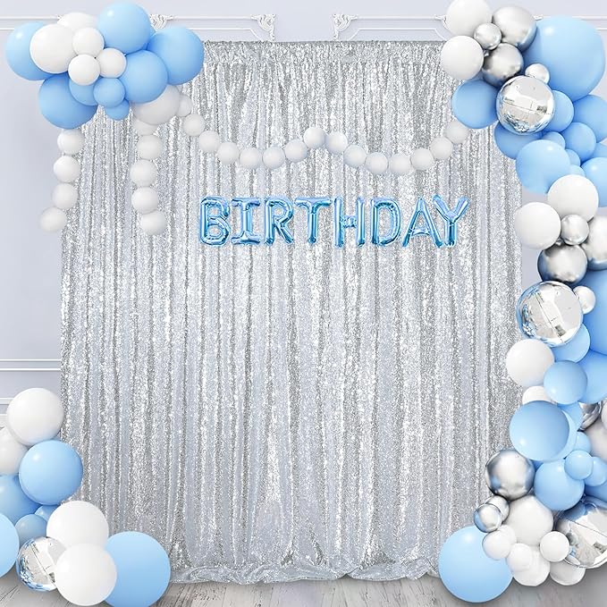 8ft x 8ft Silver Sequin Backdrop Curtain Glitter Photo Booth Backdrop - Image 3