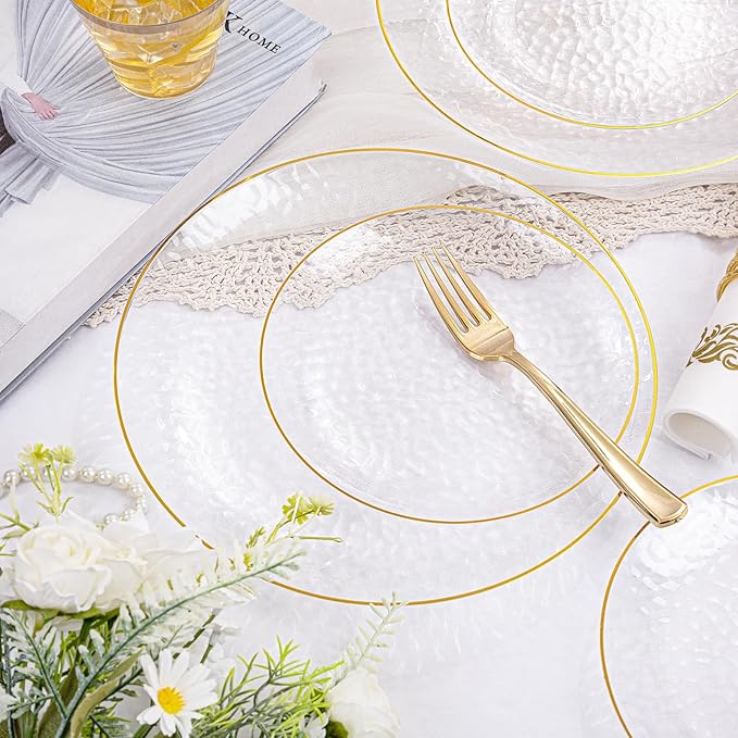 Rubtlamp 175 Pcs Plastic Dinnerware Set, Hammered Party Plates Include Dinner - Image 6