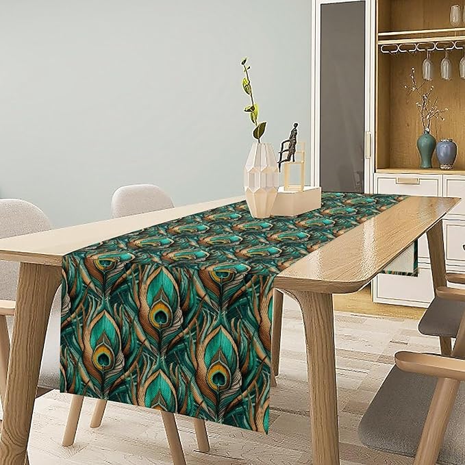 Peacock Feather Table Runner, Retro Aesthetic Green Table Runner - Image 2