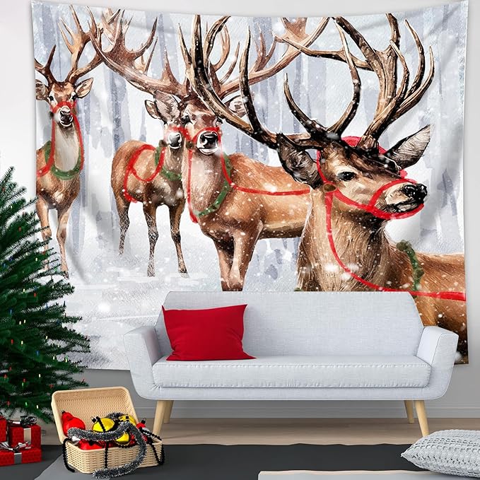 QGHOT Winter Tapestry Wall Hanging Winter Forest Backdrop Christmas Snowy Deer - Image 5