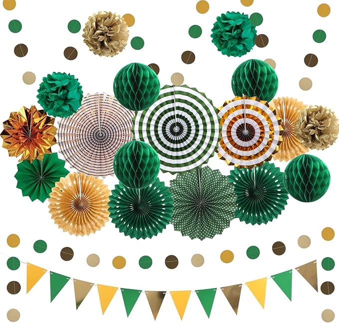 Green and Gold Party Decorations, Pom Poms Flowers, Garland String Polka Dot by Marwey