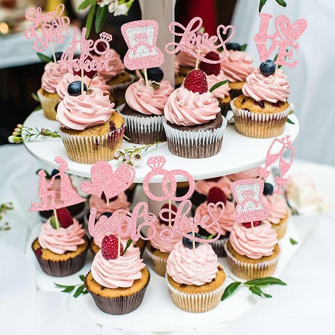 Ephlyn 30Pcs He Asked She Said Yes Cupcake Toppers Glitter Engagement Cupcake - Image 5