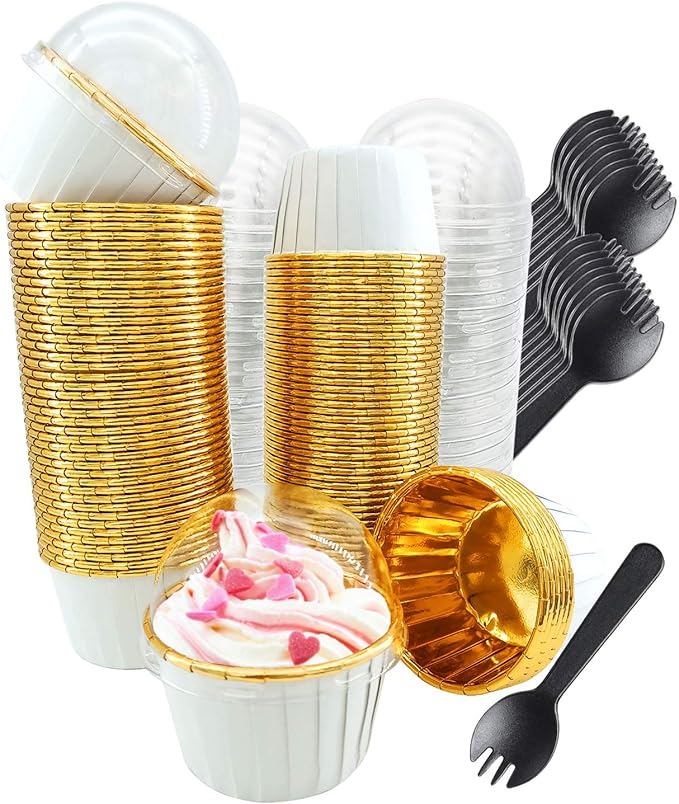 Cupcake Liners with Dome Lids 100Pack, Free-Air 3.5Oz Mini Foil Baking Cups by Free-Air