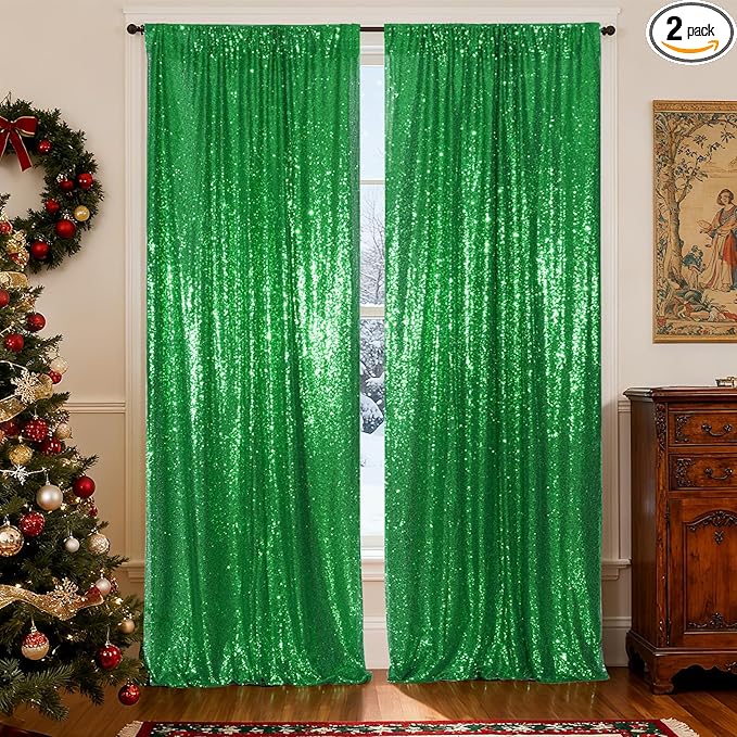 Poise3EHome Green Sequin Backdrop Curtain, 2 Panels 2FTx8FT Glitter Background by Poise3EHome