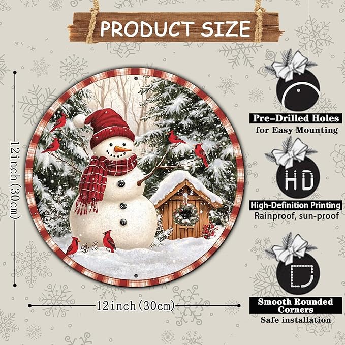 Round Christmas Metal Signs Vintage Snowman and Red Birds Tin Sign Metal Poster - Image 2