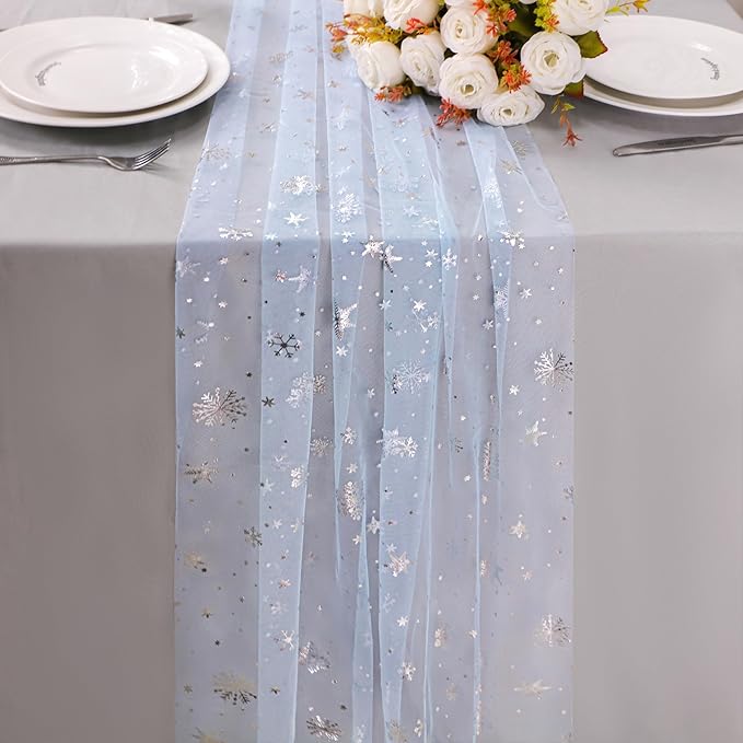 Snowkingdom Silver Snowflake Christmas Table Runner, 10ft Blue Cheesecloth - Image 6