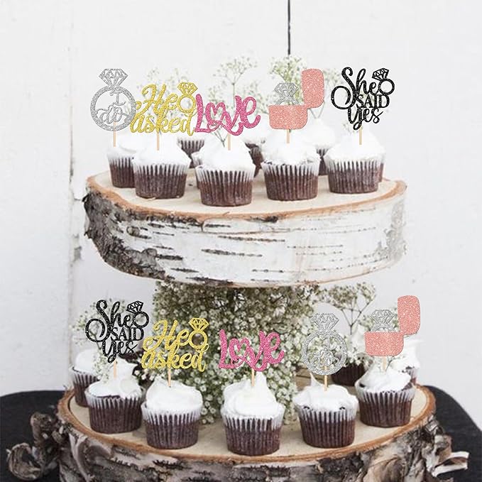 30 PCS He Asked She Said Yes Cupcake Toppers Diamond Ring Cupcake Picks Love I - Image 7