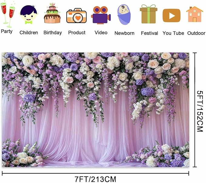 5x4ft Purple Lavender Floral Bridal Backdrop Wedding Flower Photography Backdrop - Image 5