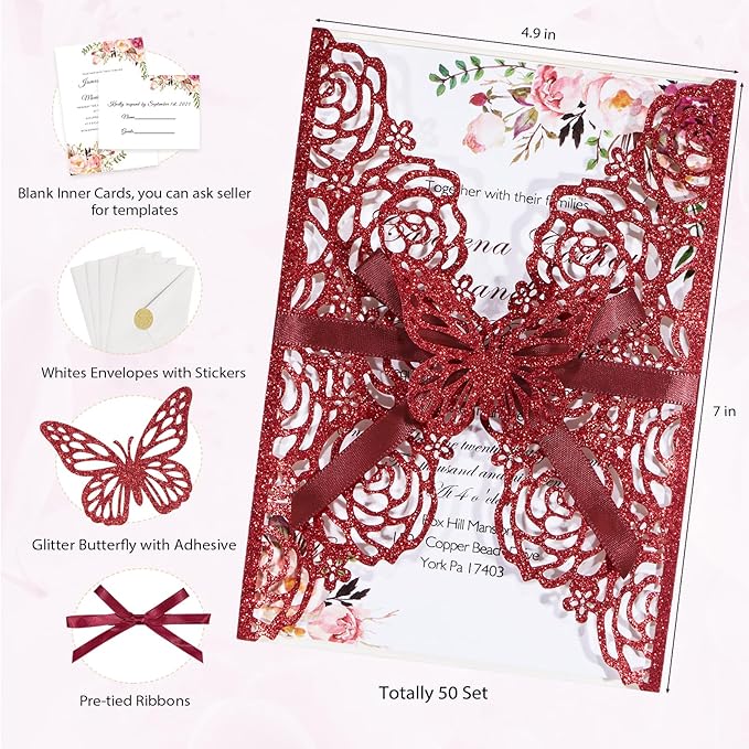 50pcs Burgundy Glitter Wedding Invitation Butterfly Rose Laser Cut Invitation - Image 2