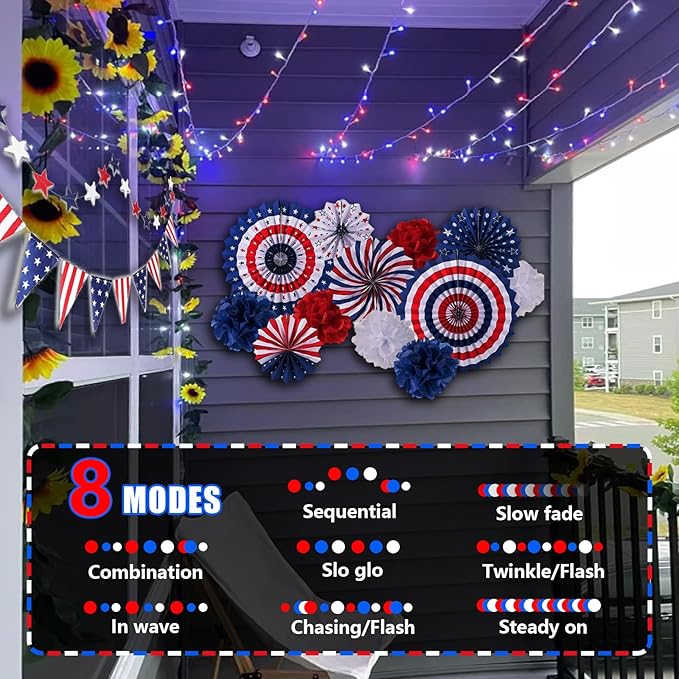 YEGUO 165ft 500 LED Red White and Blue Lights, 4th of July Decorations String - Image 6