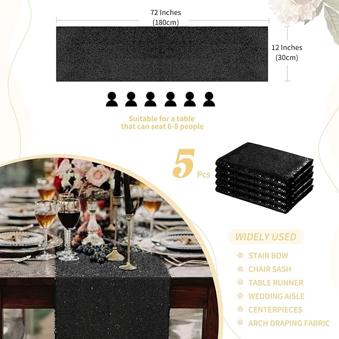 Sequin Table Runners 5 Pieces Black Table Runners 12x72 Inch Glitter Dining - Image 3