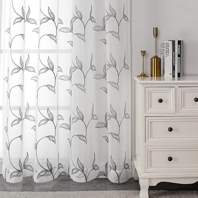 VISIONTEX Sheer Curtains 84 Inch Length 2 Panels, Decor Iron Grey Vine Leaves - Image 4