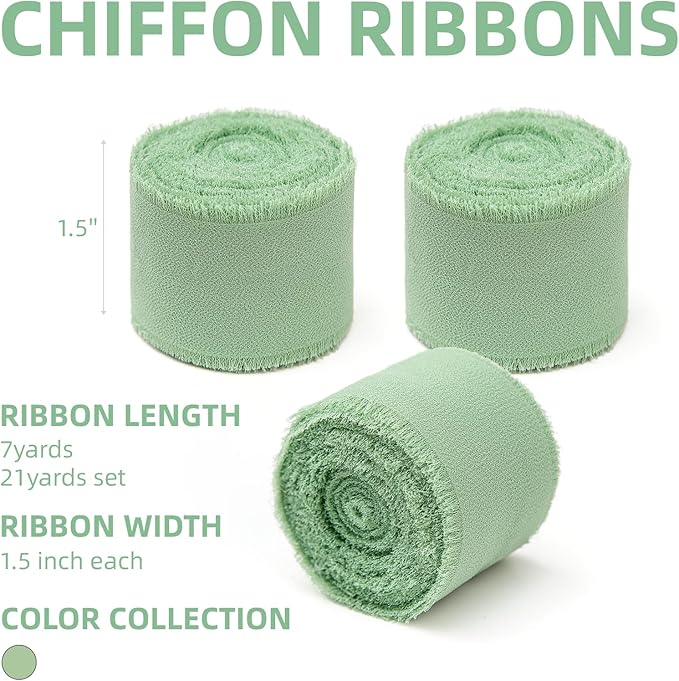 3 Rolls Sage Green Handmade Chiffon Ribbon, 1.5" x 21Yd Frayed Fringe Silk - Image 2