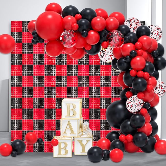 12PCS Black Red Shimmer Wall Backdrop, Square Sequin Photo Backdrops Panel - Image 6