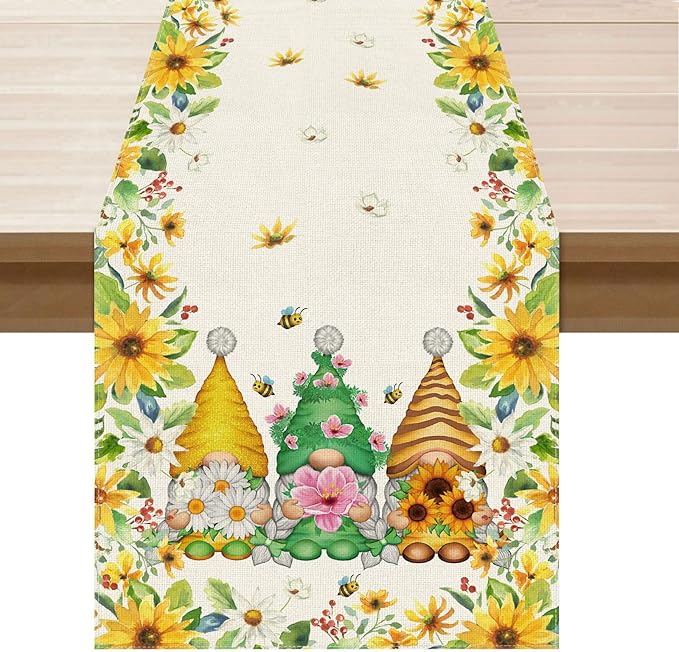 XCHI Yellow White Daisies Flowers Gnomes Spring Table Runner Burlap Table by XCHI