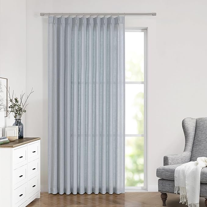 Vision Home Blue Grey Pinch Pleated Semi Sheer Curtains Textured Linen Blended by VisionHome